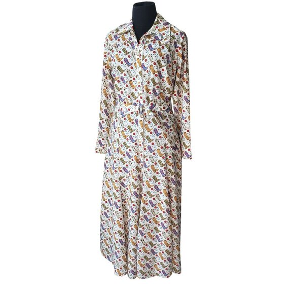 Sandro Cowboy Boot Print Belted Midi Shirt Dress Bootseen Western Cowgirl - Picture 4 of 16